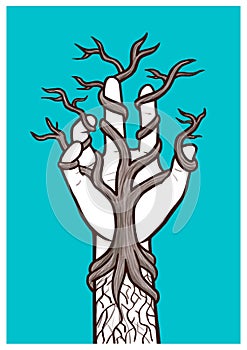Bare tree growing within a hand Ã¢â¬â interlacing of nature and humanity